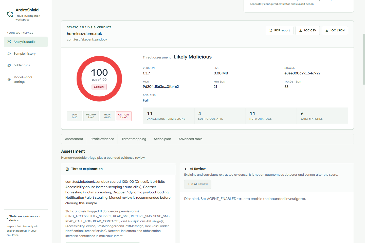 Actual Electron app showing the harmless synthetic APK verdict and supporting findings.