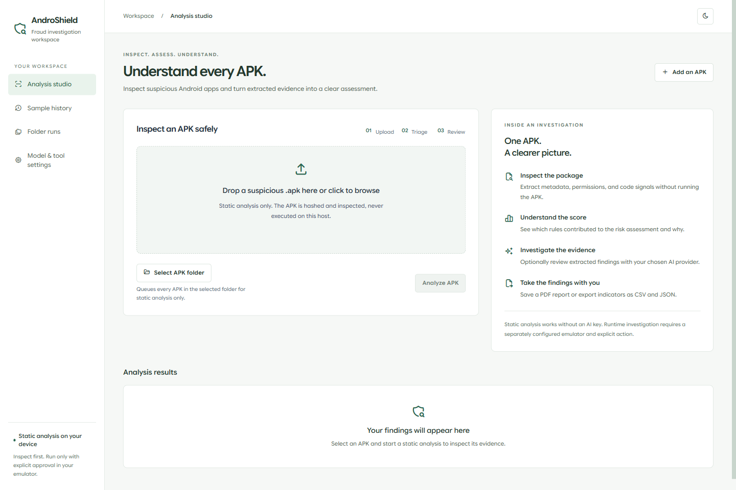 The actual light-mode Electron analysis studio with sidebar navigation.