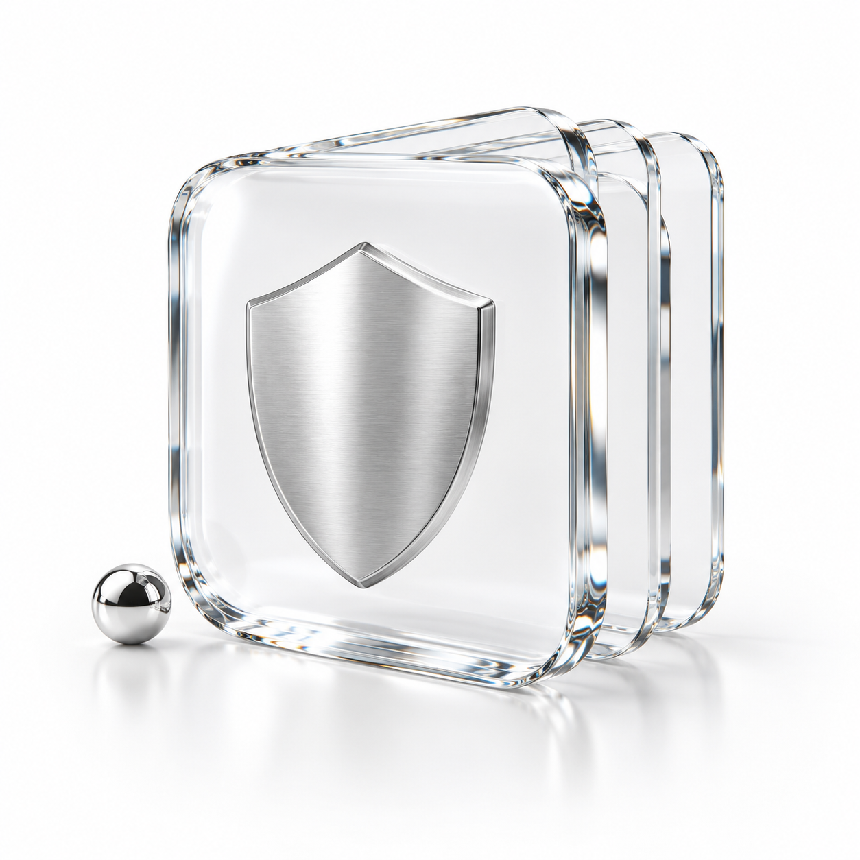 Conceptual glass software package with a silver shield, illustrating careful inspection.